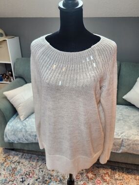 Kohls Apt 9 Women's Cream Knit Sweater W Sparkly Beads At Neck Size Large